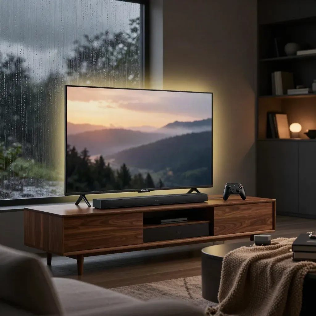Philips OLED-tv met soundbar, controller, streamingbox en plaid in een regenachtige woonkamer.