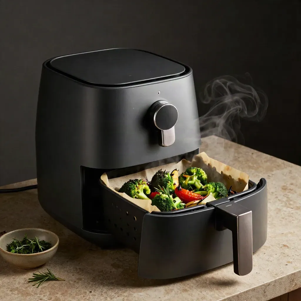 Dubbele airfryer met open lades, stoom en geroosterde groenten op een warme stenen counter.