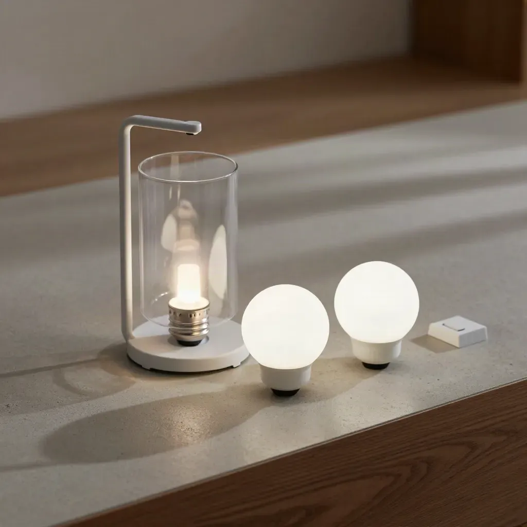 Slimme witte lampen en frosted glas op beton met zachte gloed