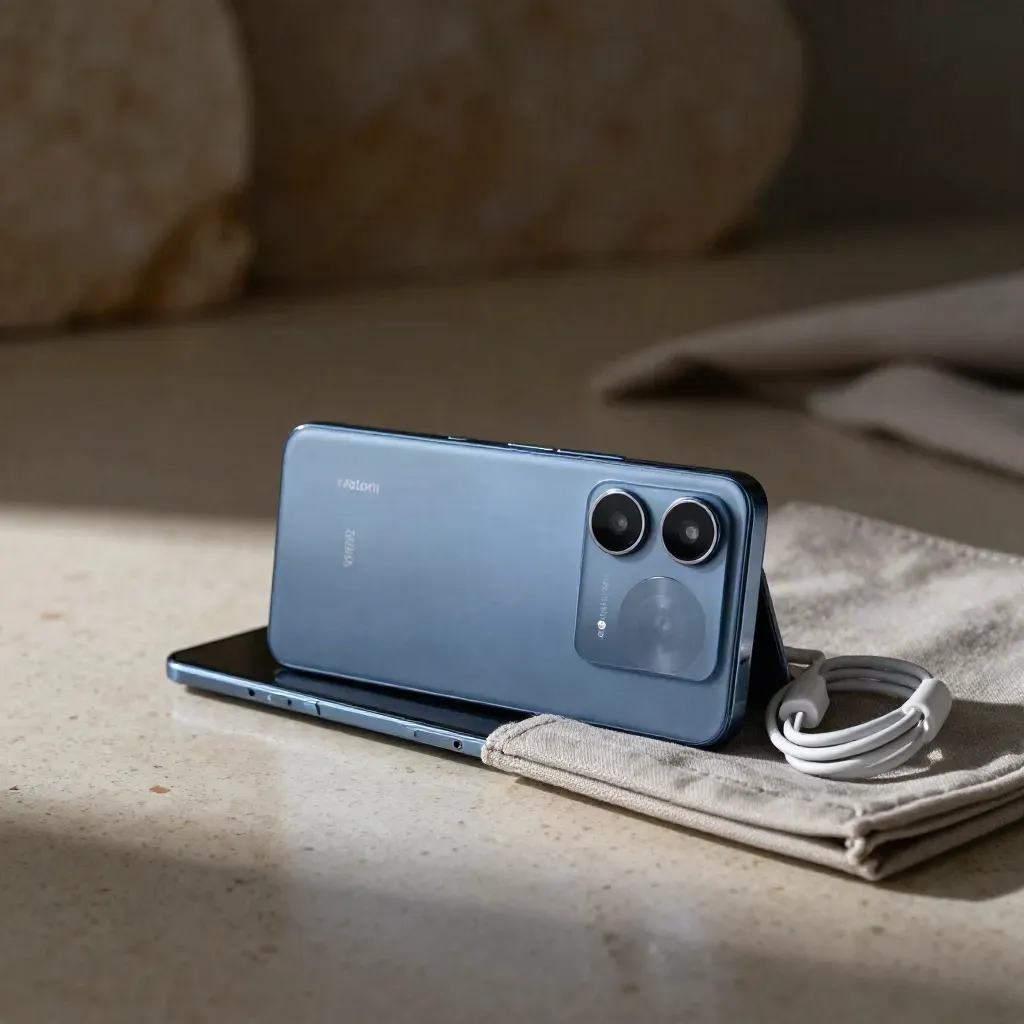 Matblauwe Xiaomi Redmi Note 13 schuift uit een stoffen hoes op travertin met laadkabel.