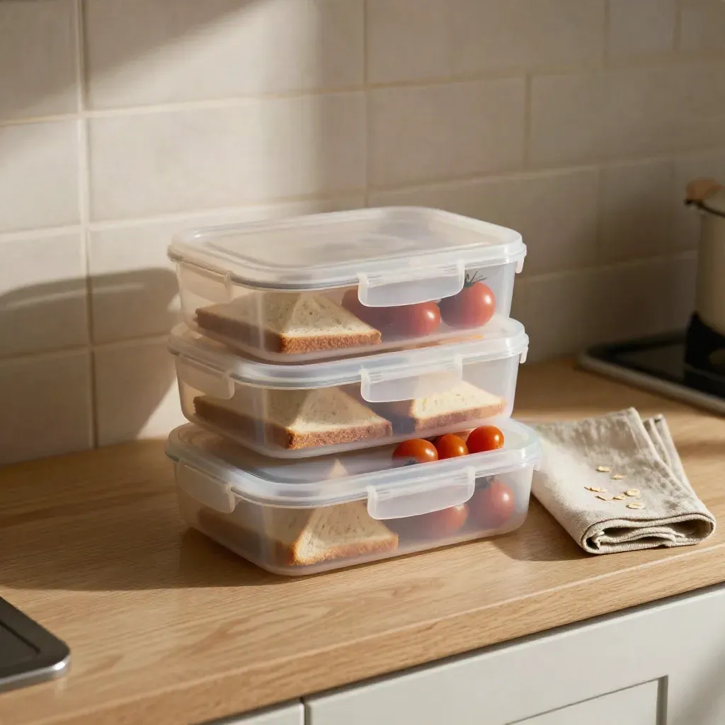 Van boven een lunchboxset met brooddriehoeken en tomaatjes op een plank, klaar voor school.