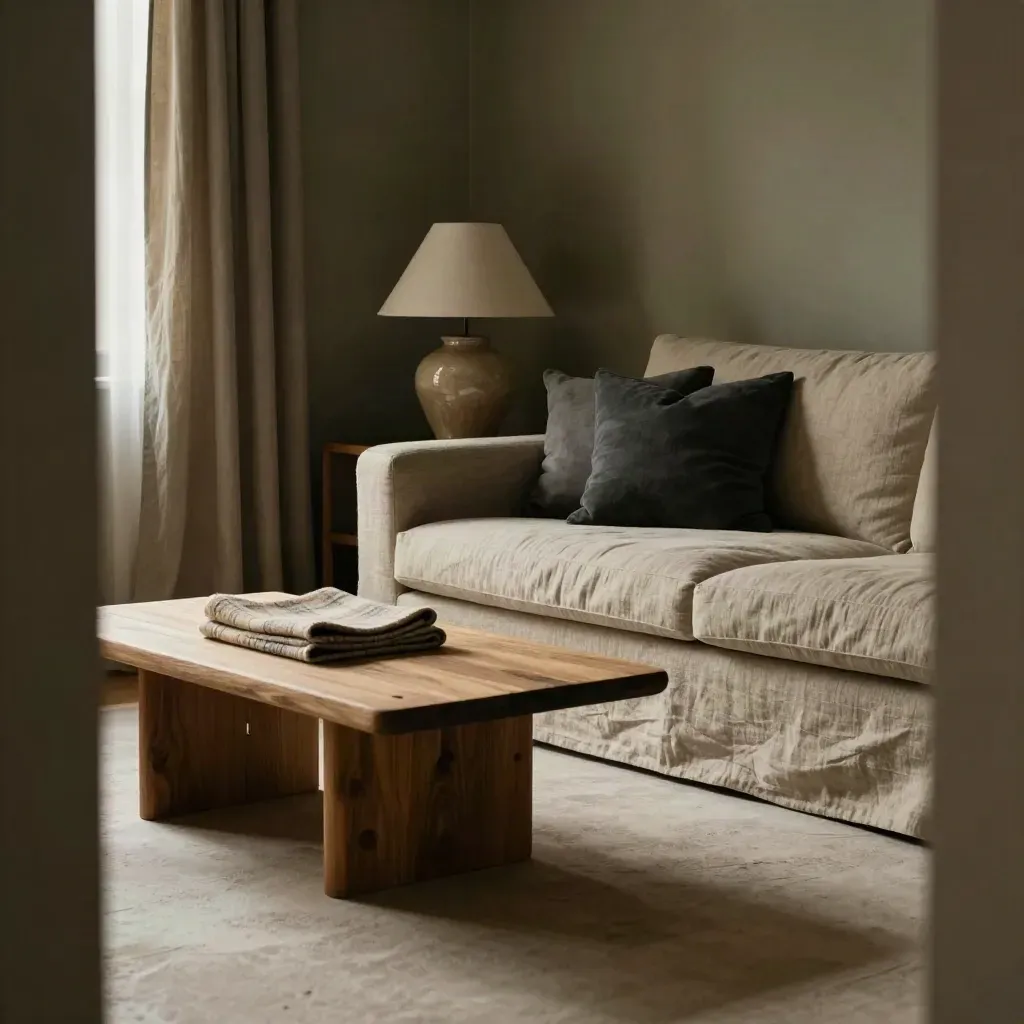 Warme woonkamerhoek met linnen bank, plaid, keramische lamp en eiken tafel in zacht daglicht.
